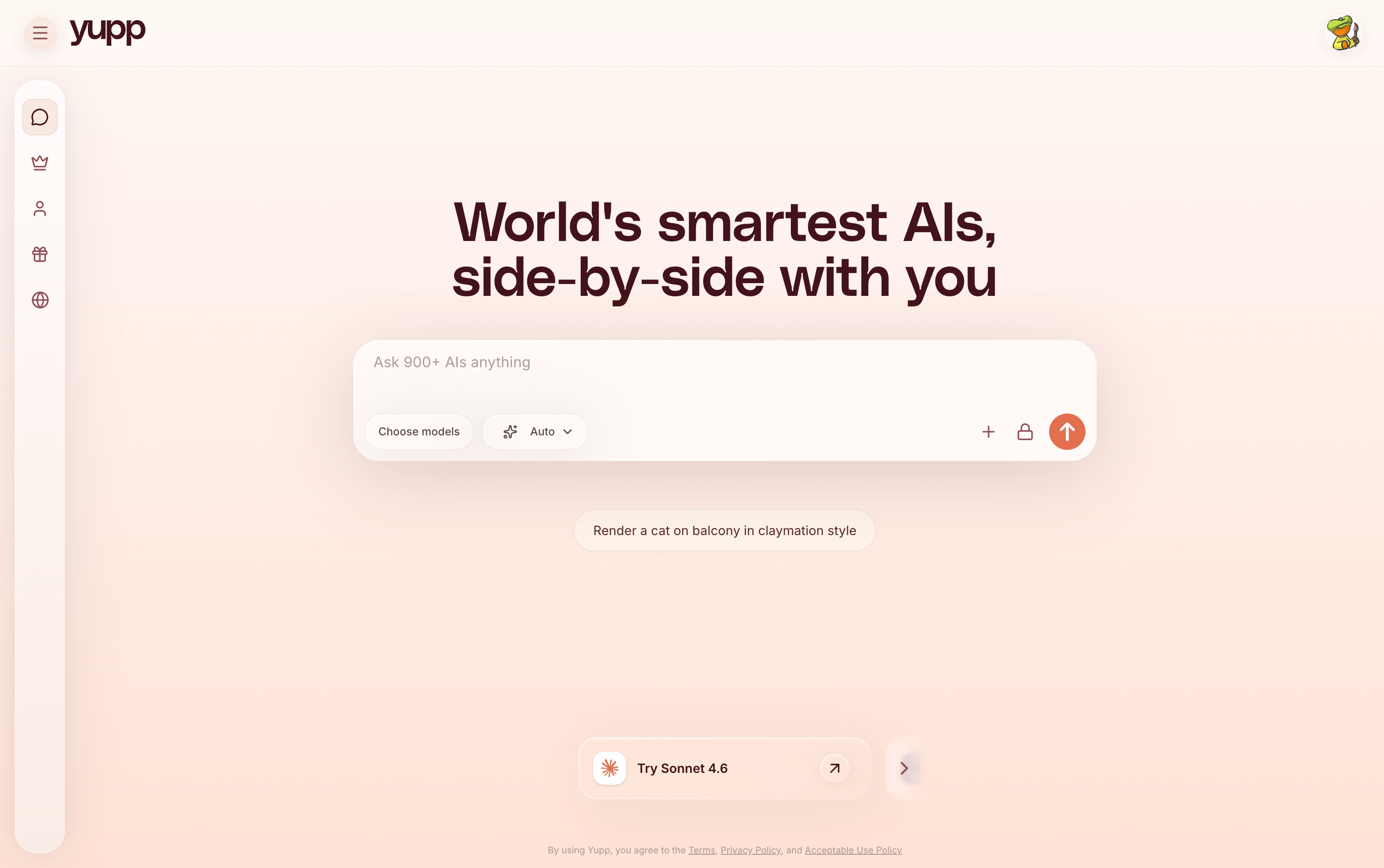 Yupp logged-in home with prompt bar