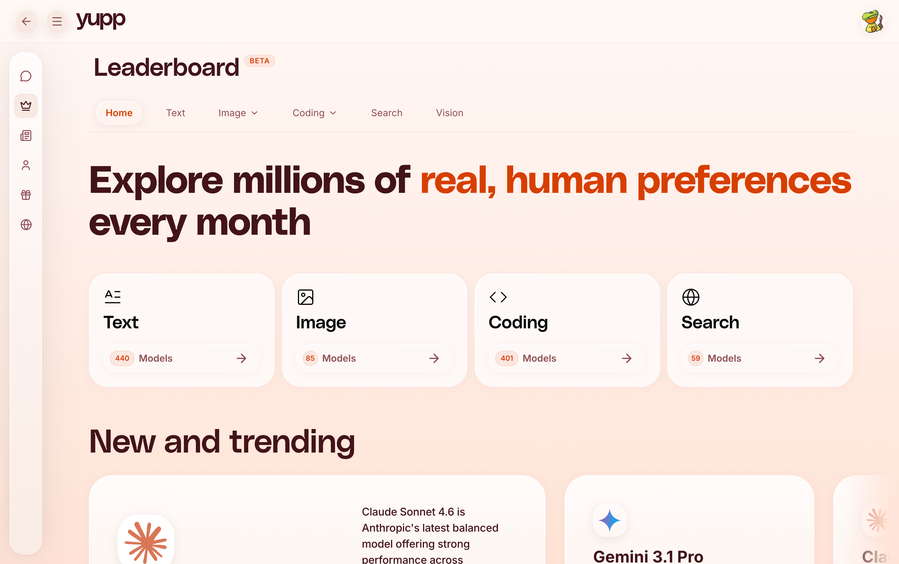Yupp AI model leaderboard rankings